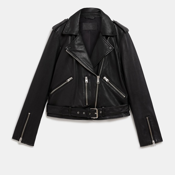 All Saints Black Balfern Belted Hem Leather Biker Jacket Size 2 - Picture 9 of 13